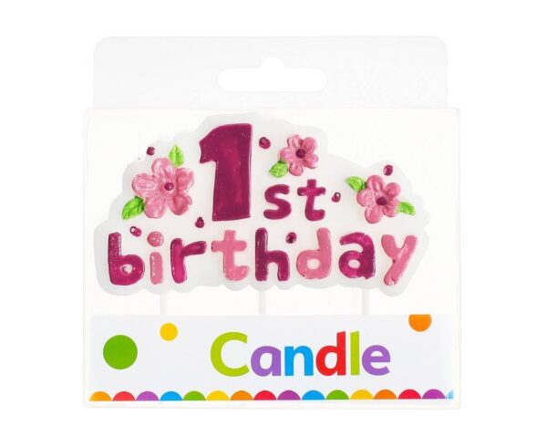 Świeczka na pikerach "1st Birthday", różowa